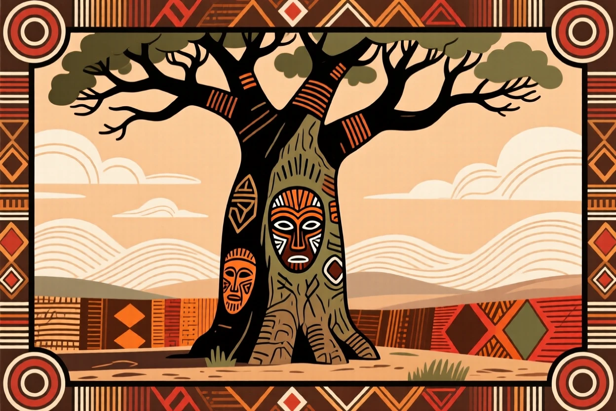 An ancient baobab framed by distant rolling clouds.