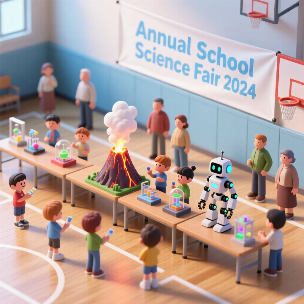 A bustling science fair in a school gymnasium, students presenting volcano models and robots, parents admiring the displays.