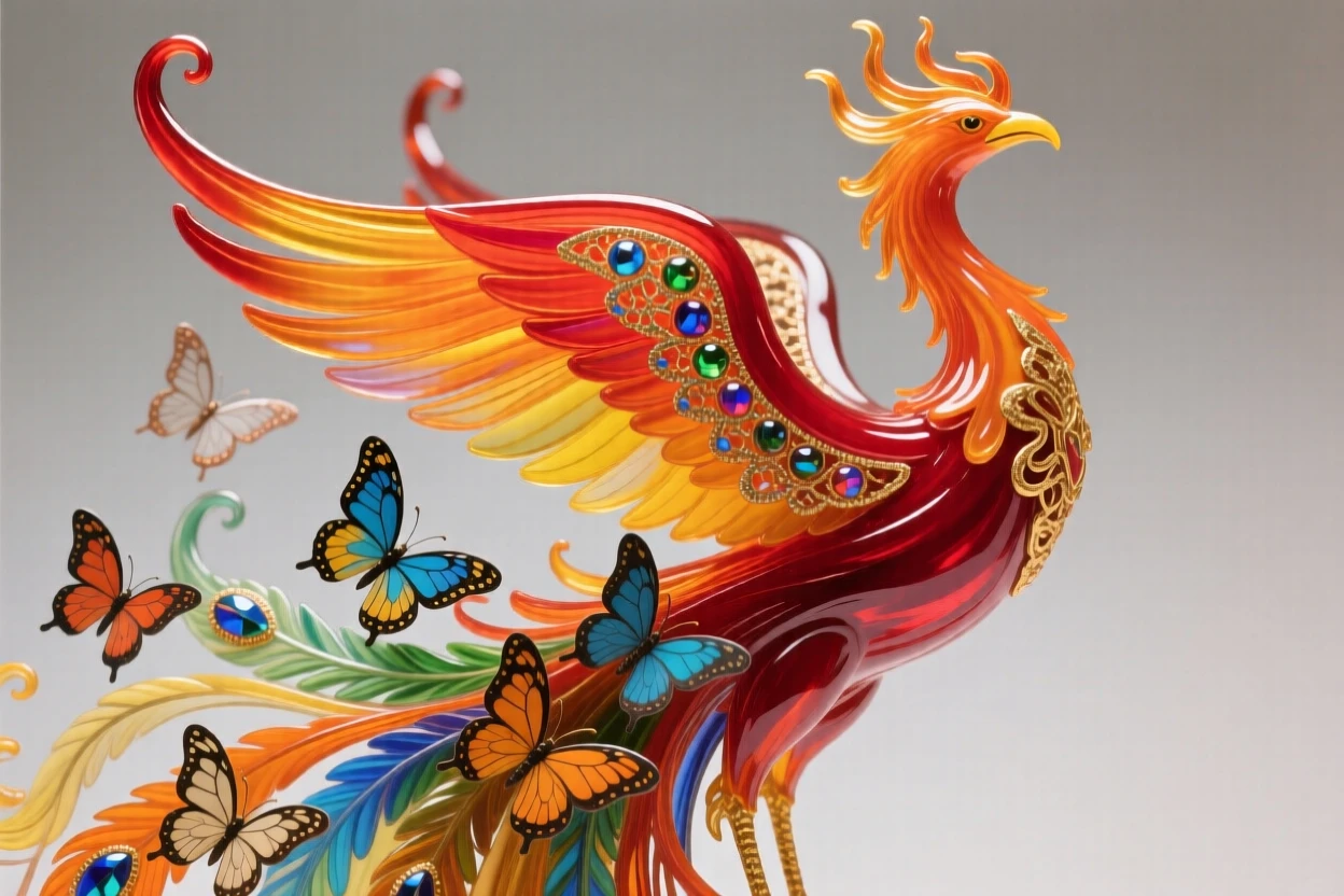 A cascade of butterflies forming the shape of a rising phoenix, transformative and vivid.