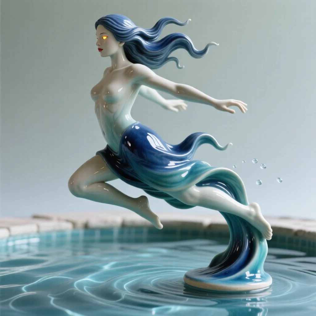 A water nymph rising from a rippling pool caught in a graceful, weightless leap, its eyes glowing with an inner fire, conveying protective strength and loyal guardianship.