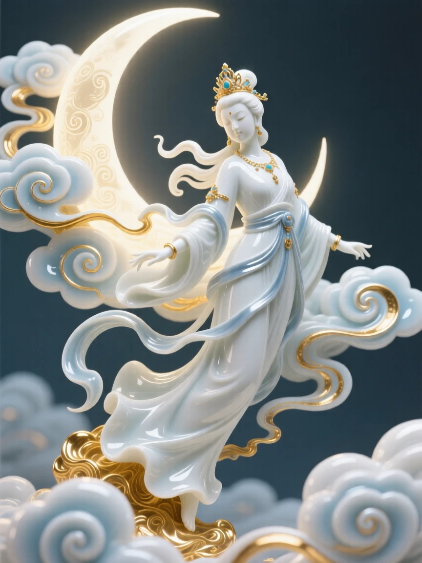 A mythological moment: the goddess of the moon descending from golden clouds, framed by swirling clouds and light.