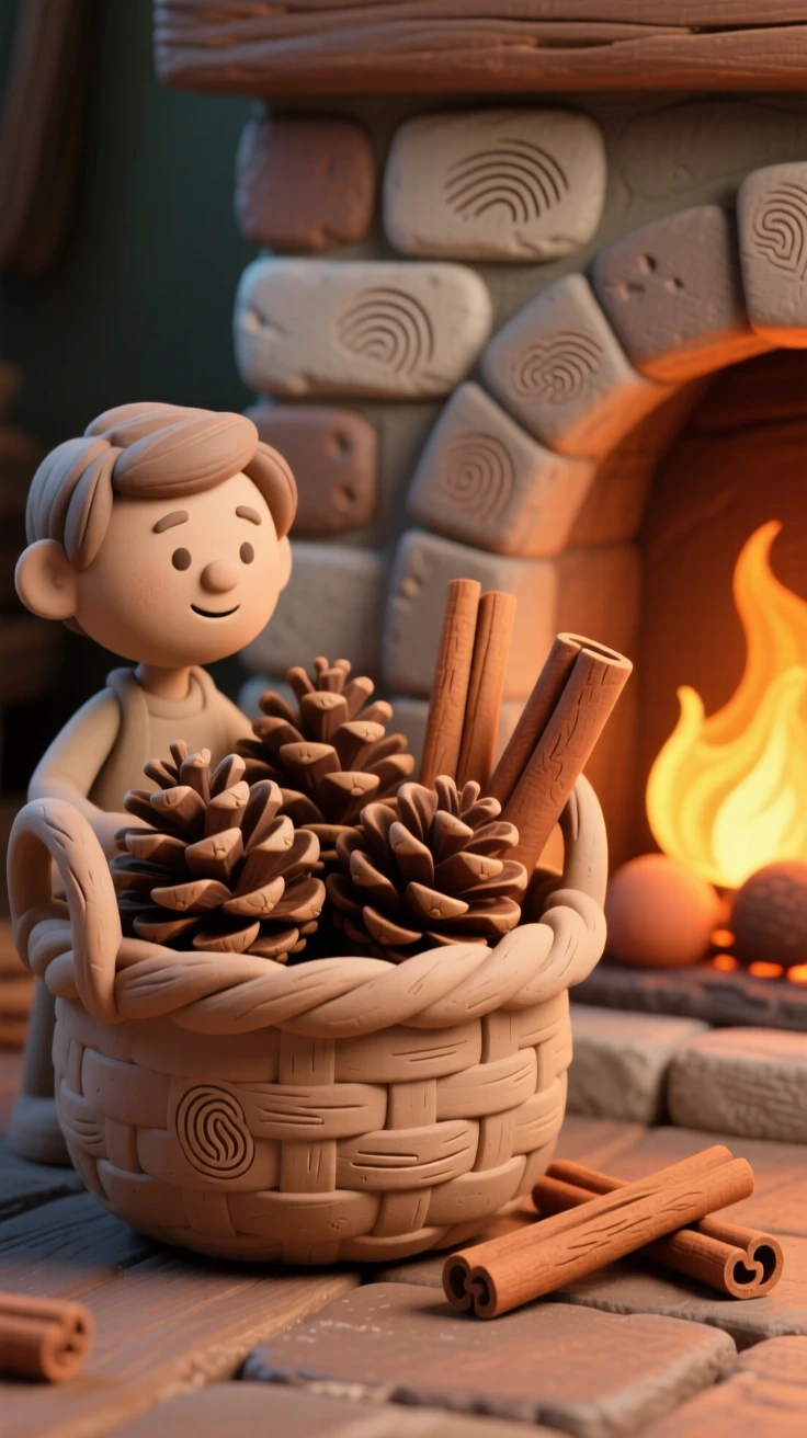 A basket of pinecones and cinnamon sticks beside a fireplace