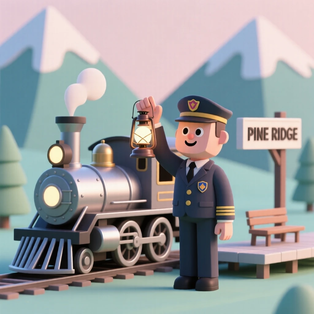 A proud train conductor waves a lantern beside a gleaming steam engine at a small mountain station.