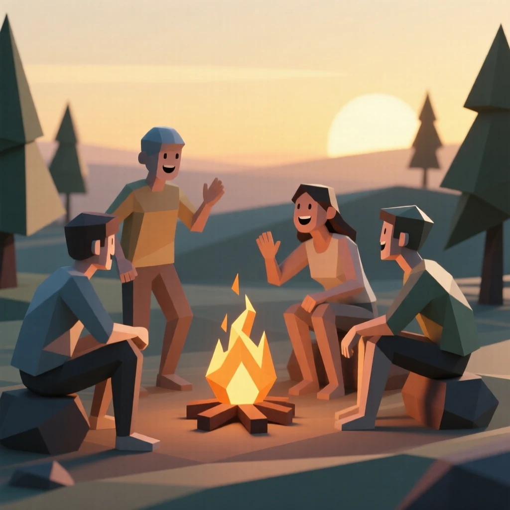 A group of friends laughing together by a campfire, beneath a soft golden sunset. the framing emphasizes motion and energy. The atmosphere feels calm and reflective.