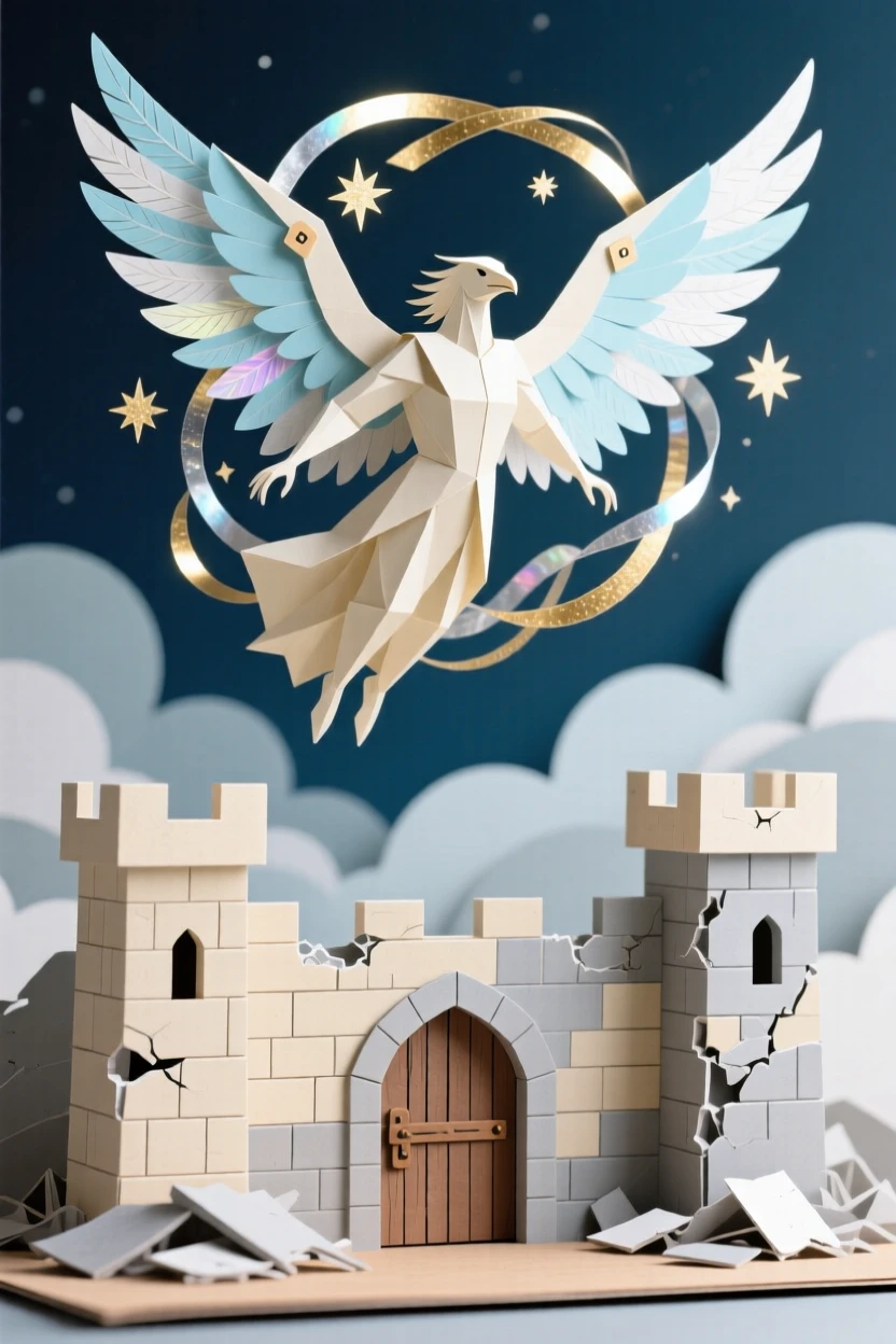 A celestial guardian soaring above a crumbling ancient castle, with a shimmering magical aura surrounding the figure, capturing dramatic tension and adventure.