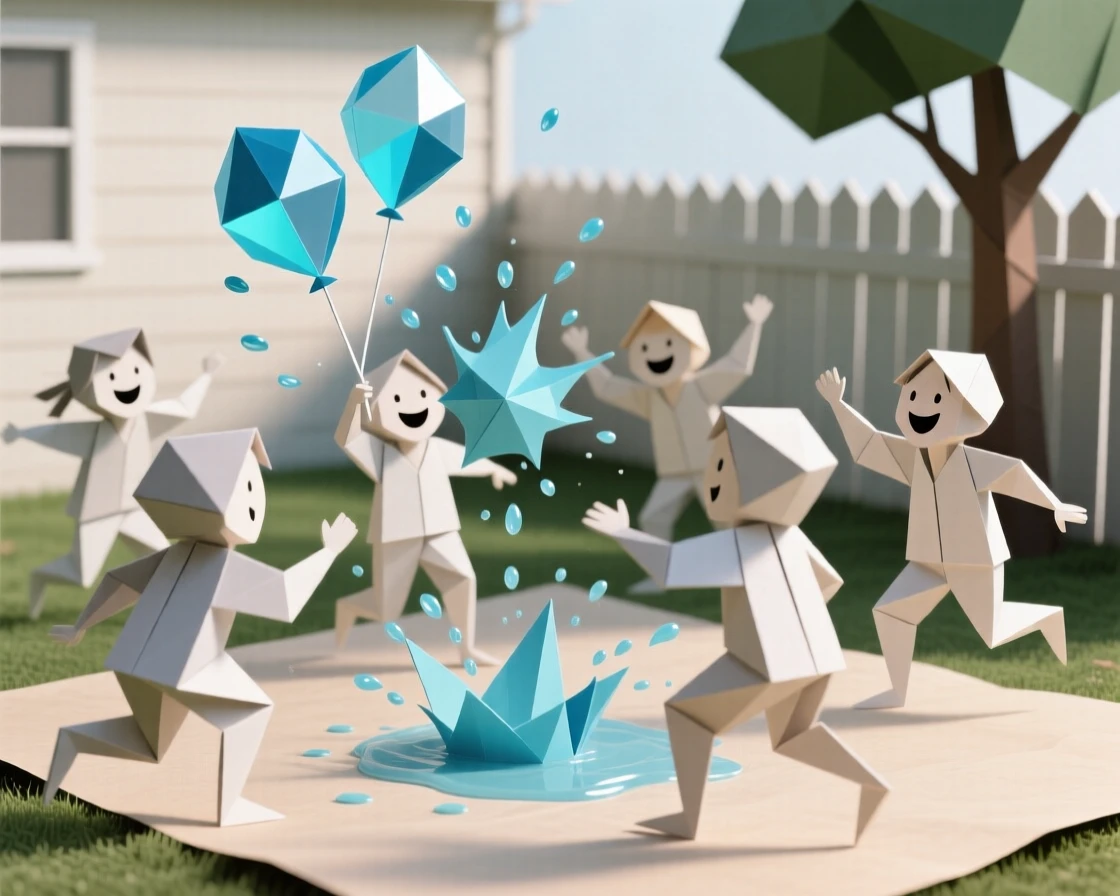 A backyard water balloon fight scene frozen mid-splash with children laughing.