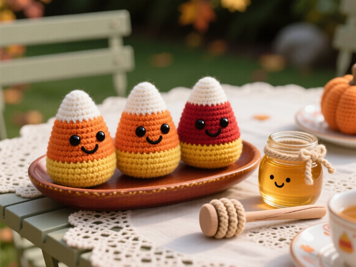 A delightful still-life of a happy candy corn character trio lined up in a row, resting in a small autumn dish within a garden patio set for afternoon tea; a small jar of honey with a wooden dipper nearby, full of a cozy sense of shared treats.