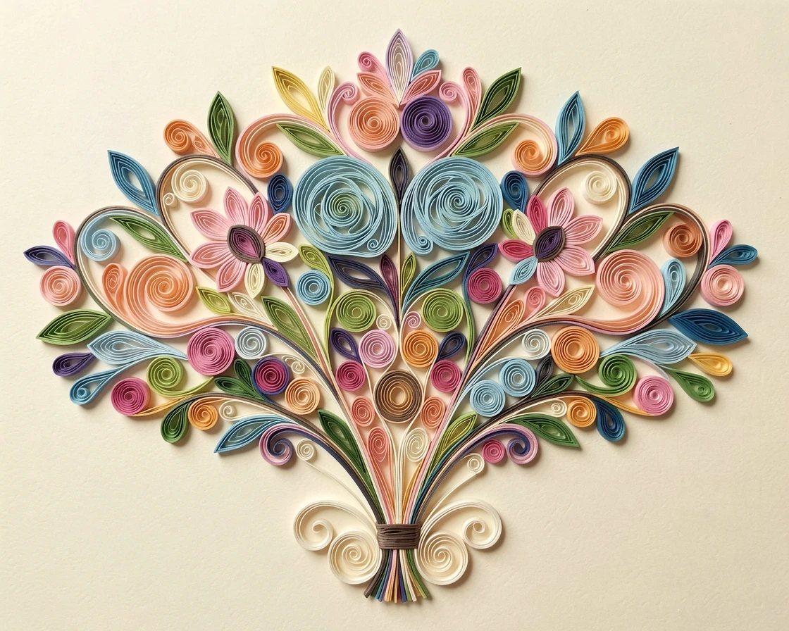 a delicate floral rosette bouquet arranged in a fan shape, set on a warm ivory background, balanced with mirrored symmetry on both sides, with fine hair-thin linework throughout.
