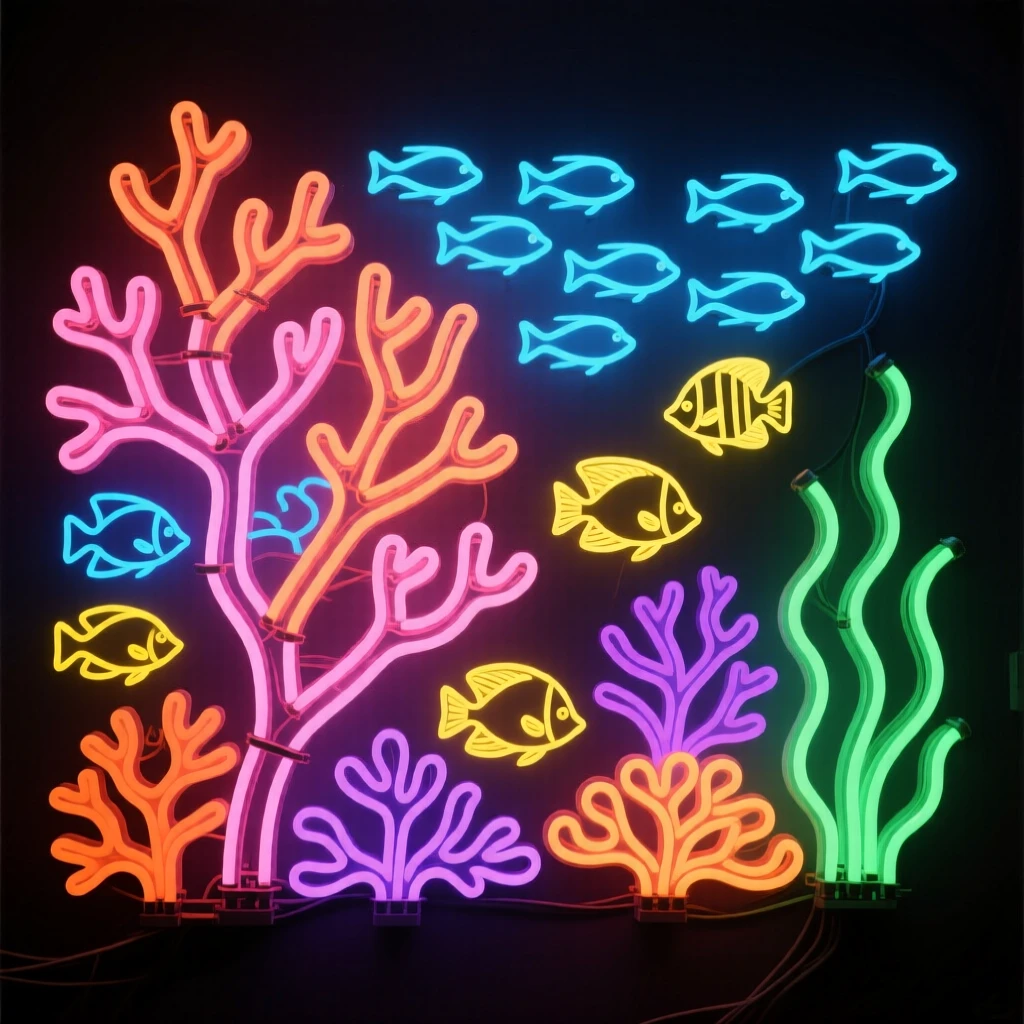 A vibrant coral reef teeming with schools of tropical fish.