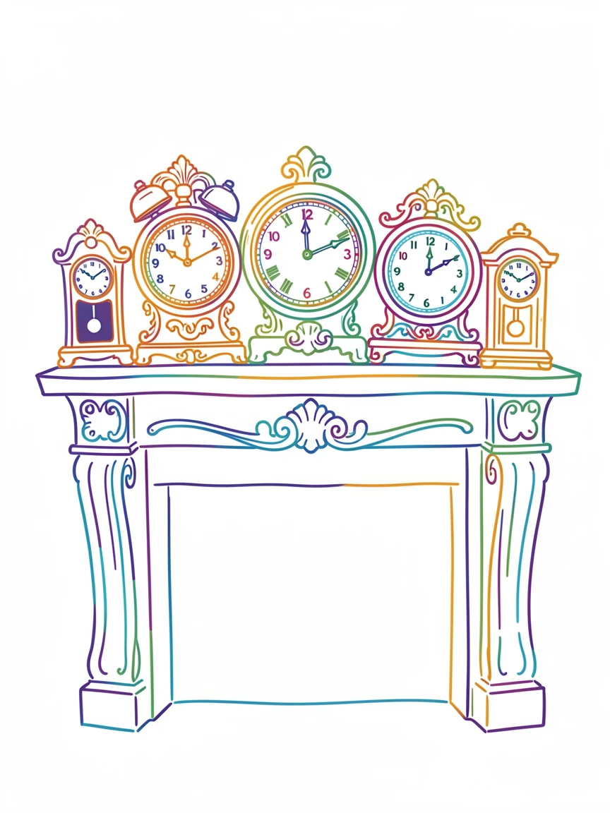 A collection of vintage clocks displayed on a mantelpiece.