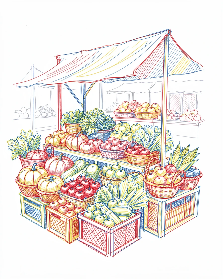 A colorful farmers market stall overflowing with fresh seasonal produce