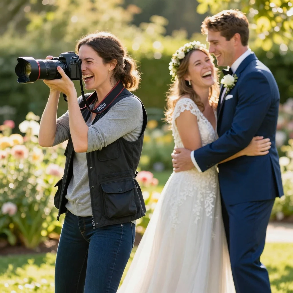 A wedding photographer capturing a candid laughing moment