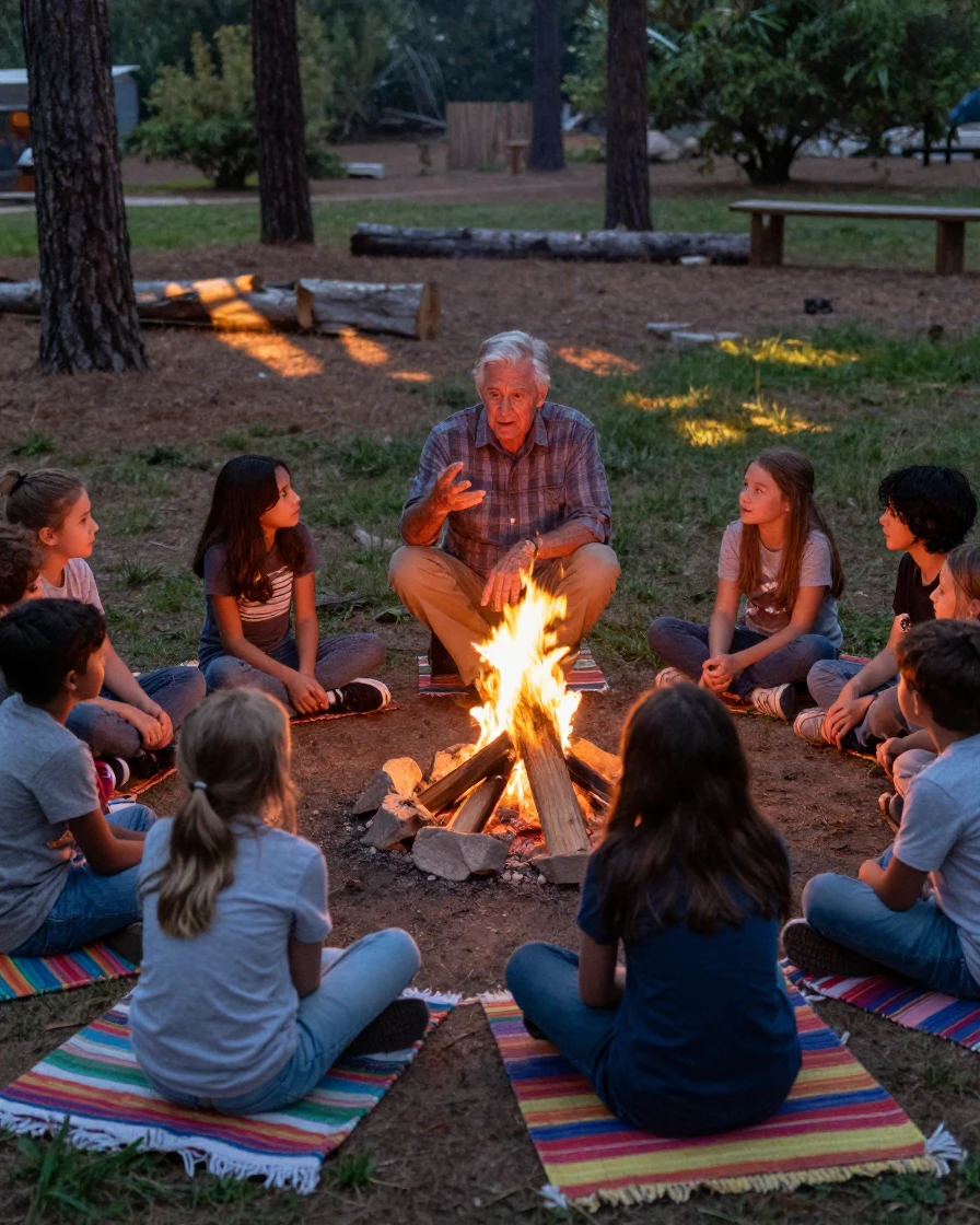 An elder tells stories around a fire to children seated cross-legged on woven mats.