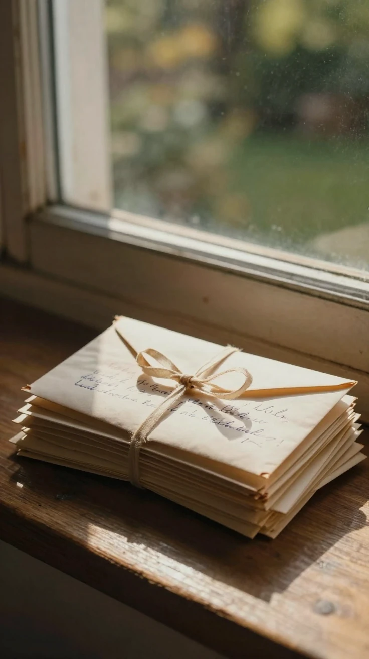 A stack of handwritten letters resting on a windowsill, quietly telling its own small story