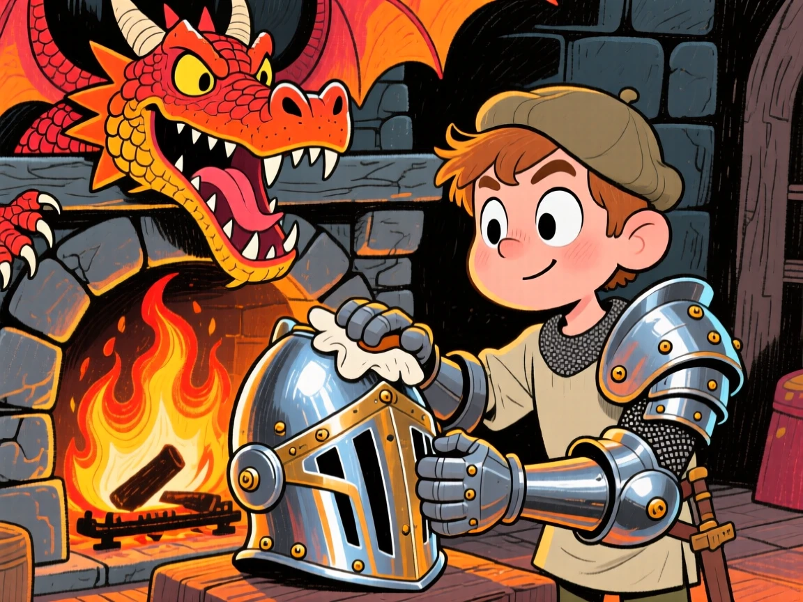 A brave squire polishing a knight's armor beside a roaring dragon-shaped fireplace.