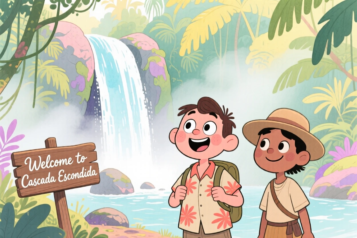 A dreamy travel postcard scene of a hidden waterfall in Costa Rica's jungle wrapped in gentle morning mist