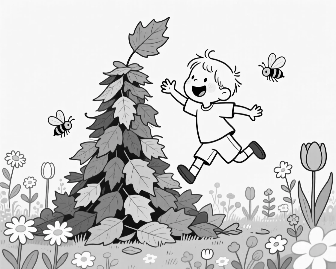 A child jumping into a towering pile of autumn leaves, patting the final crooked tower proudly into place, set in a garden bursting with blooming flowers. A few stray bees hover curiously nearby. The image feels like a breath of fresh outdoor air.