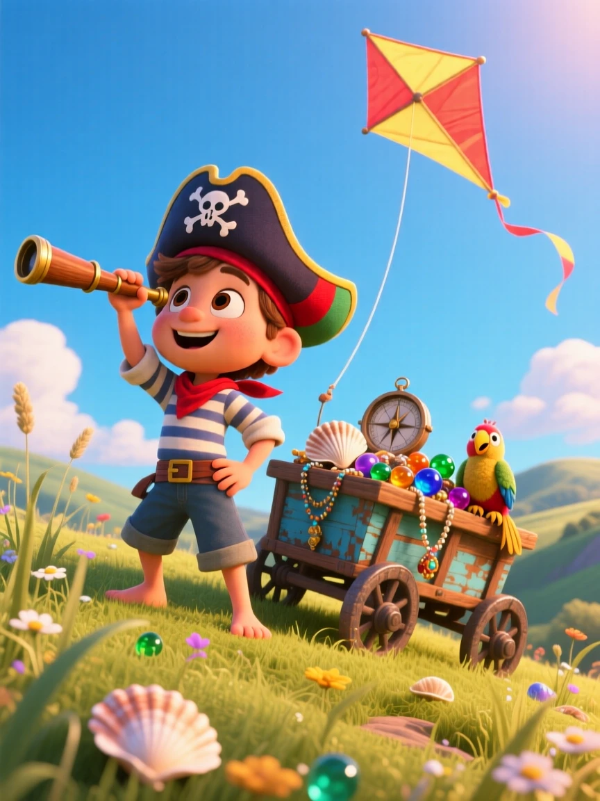 A kid pretending to be a pirate captain takes place on a grassy hill perfect for kite flying, with a wagon full of collected treasures nearby. The scene bursts with childhood wonder and delight.