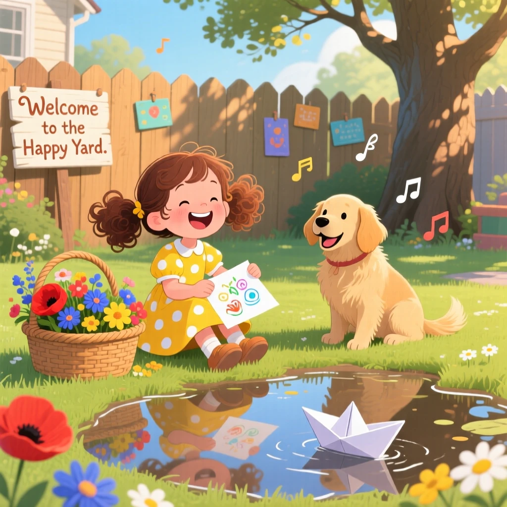 A girl with a basket of flowers laughs while making paper boats to float in a puddle together with a beloved family dog, with laughter echoing through the yard.