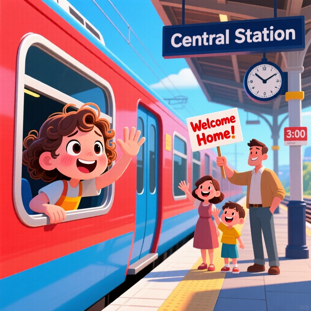 A girl waving goodbye from a train window to family on the platform.