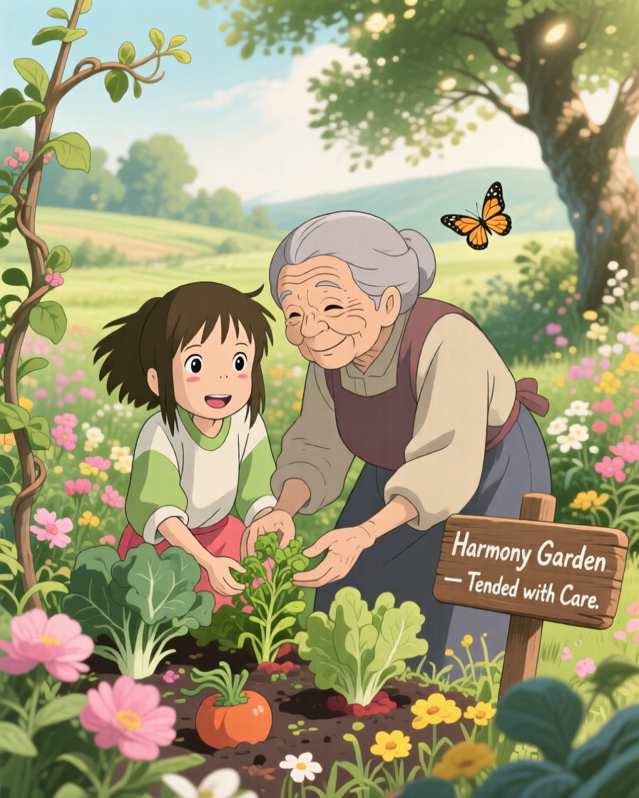 A tender moment of a young girl and an elderly neighbor tending a garden together, the scene gently triumphant.
