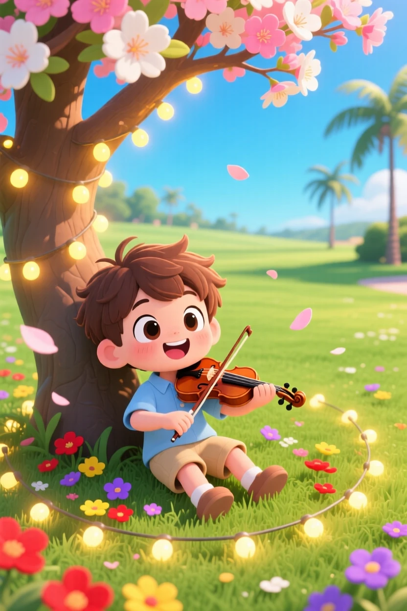 In a peaceful park, a small boy is playing violin under a blossoming tree on a warm tropical afternoon, bathed in glowing string lights, expression full of giggling amusement. Shot as a high aerial view.