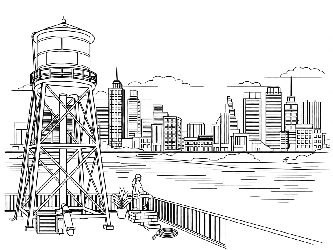 A rooftop water tower silhouetted against a sunset skyline, with a river reflecting the surrounding architecture.