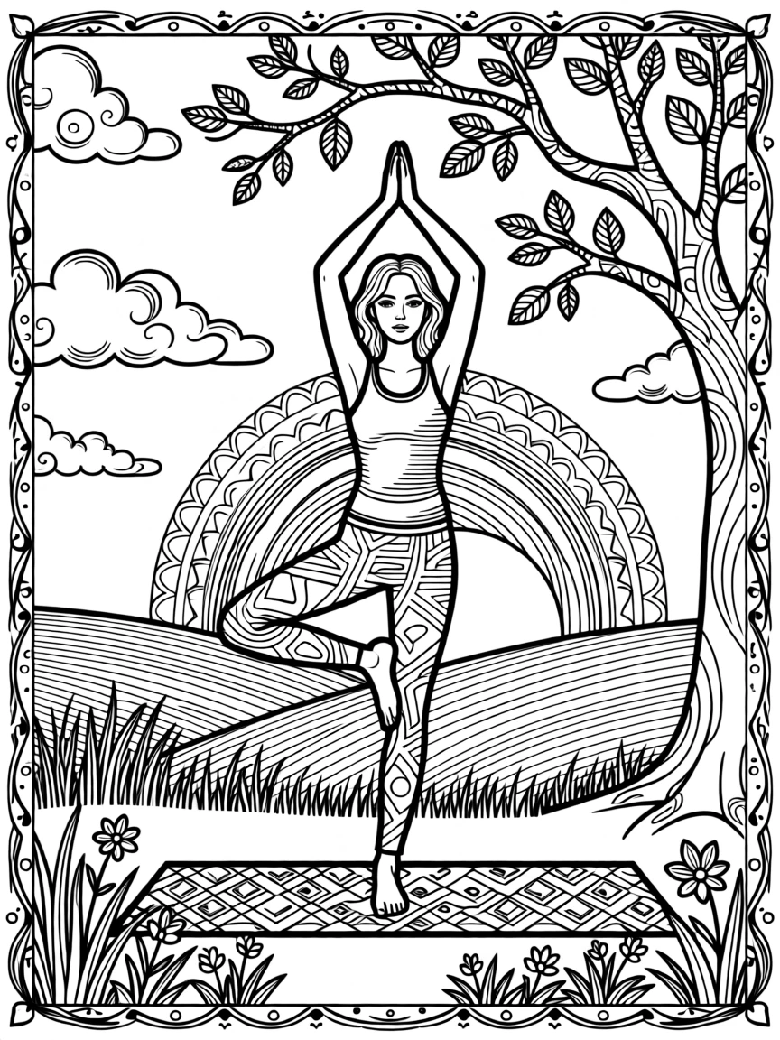 A woman doing a tree pose silhouetted against a golden sunset.
