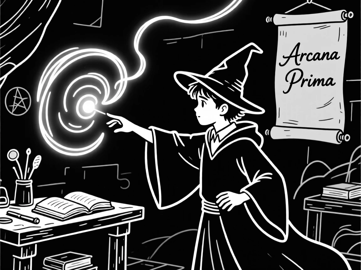 A young wizard's first successful spell lighting up a dark workshop.