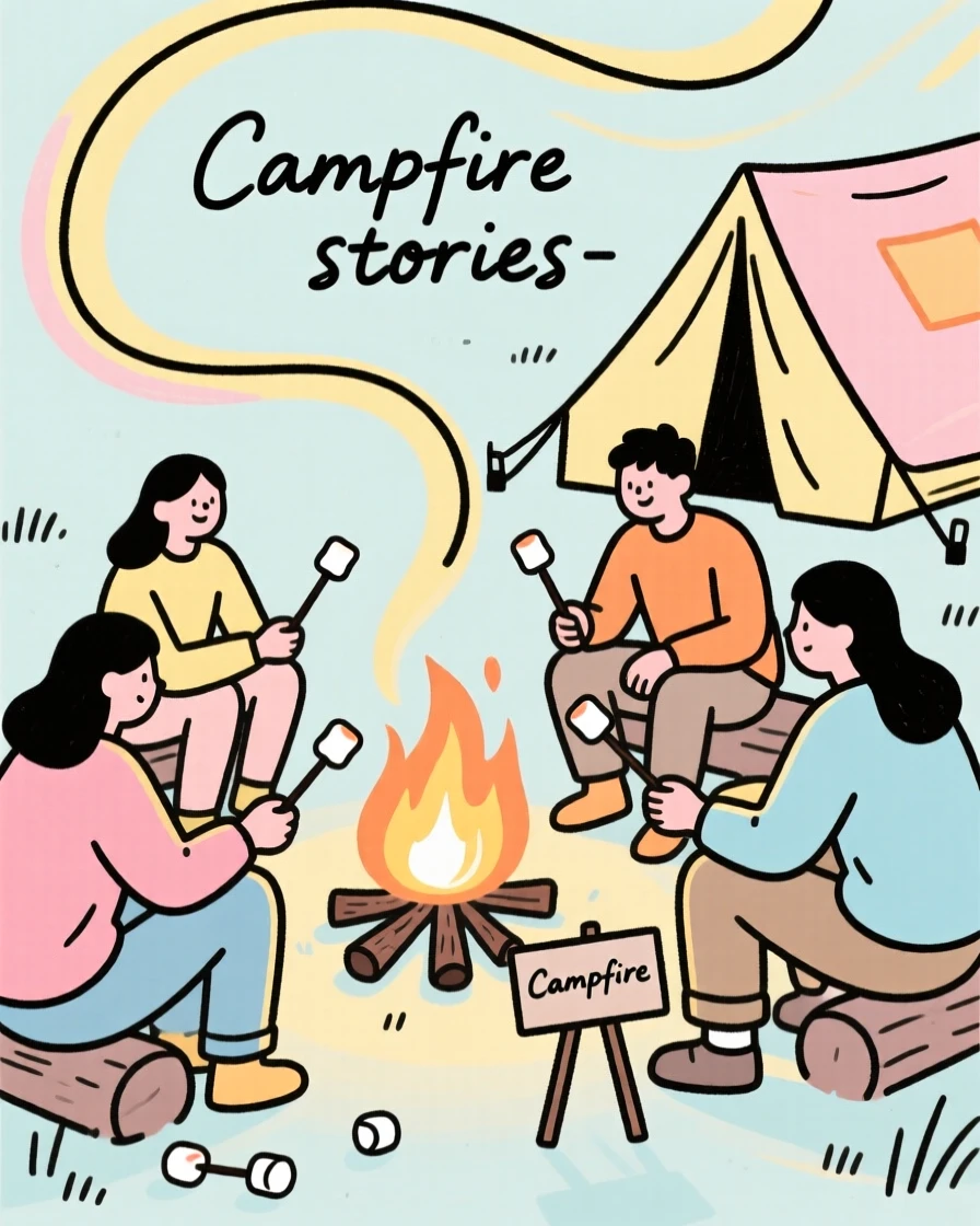 A group of campers roasting marshmallows around a glowing campfire.