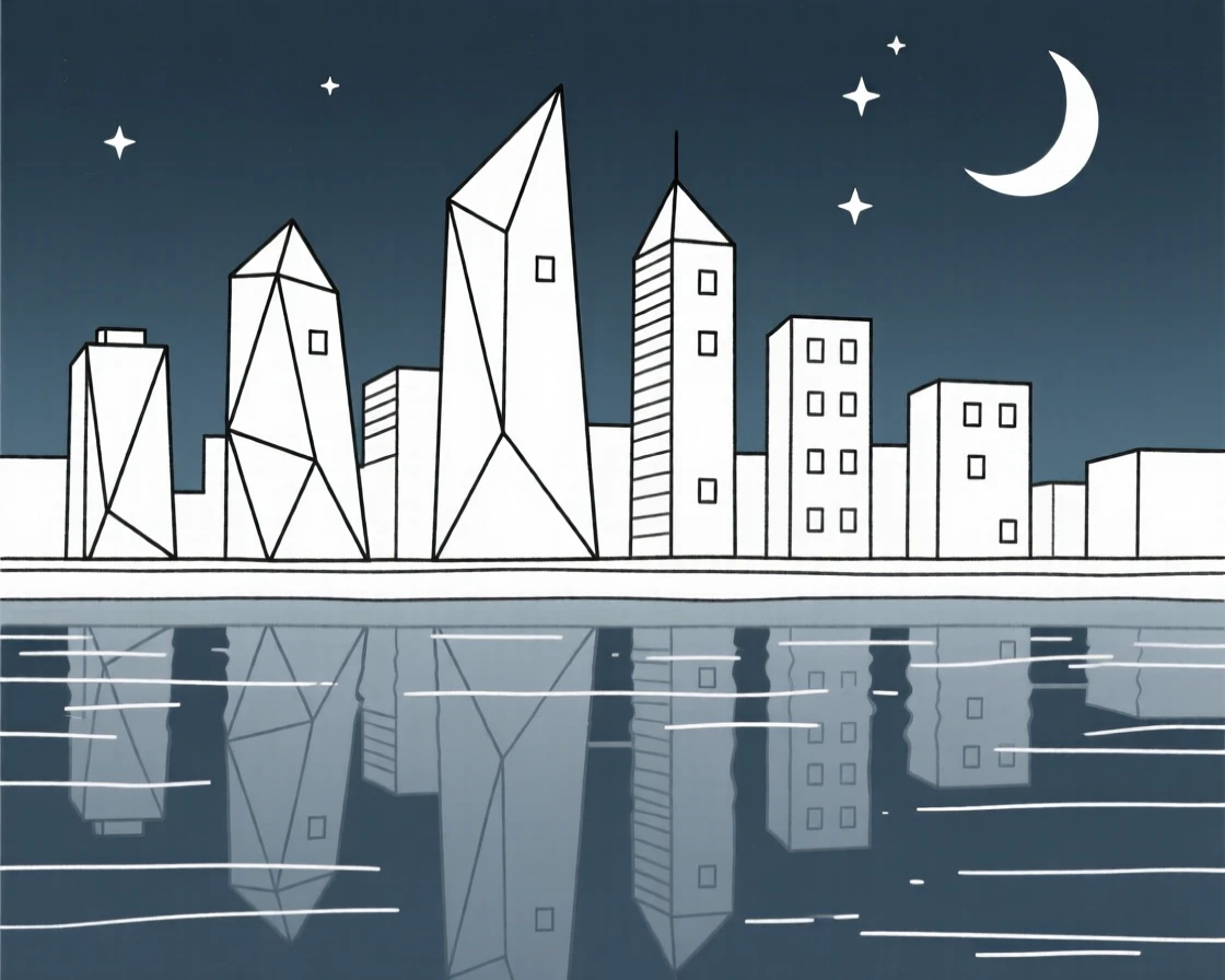 A modern city skyline reflected in a river at night