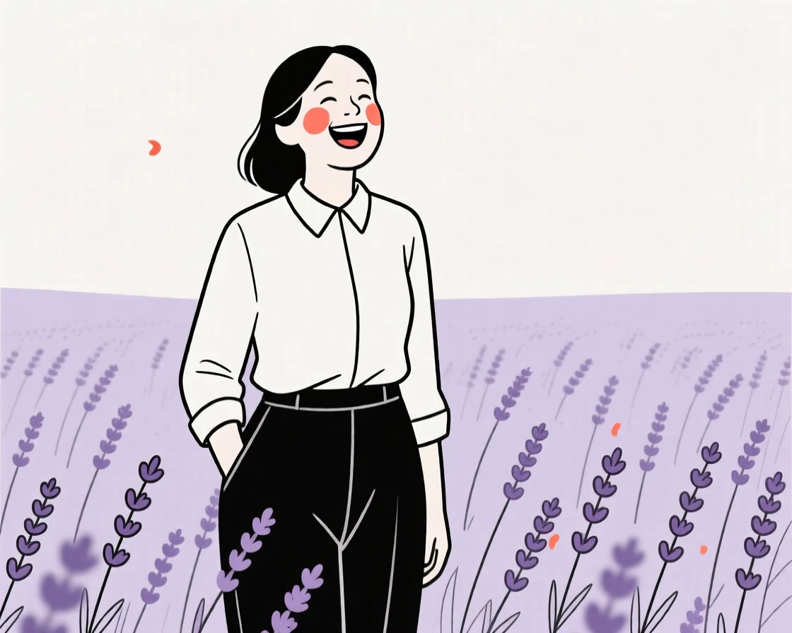 A mother of Iranian heritage in a sleek minimalist outfit, laughing joyfully, in a lavender field.