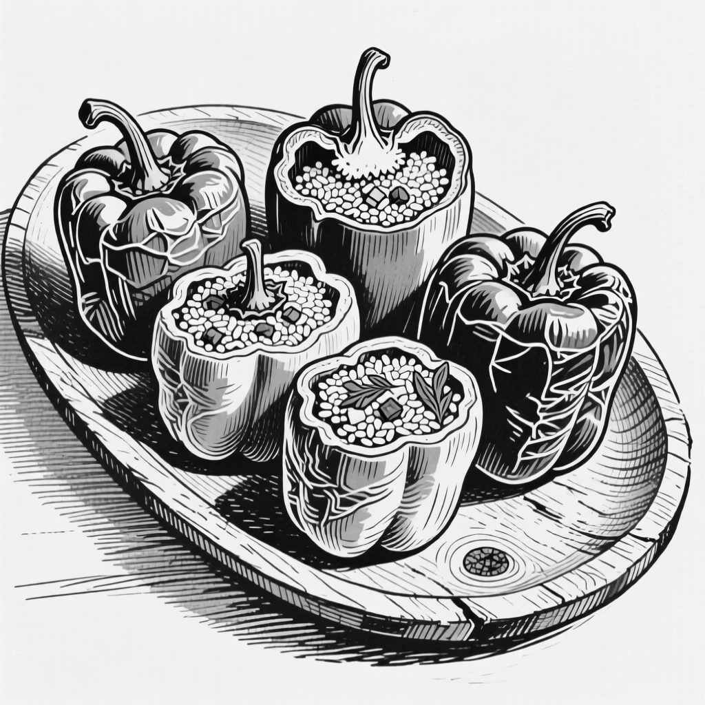 A plate of stuffed bell peppers arranged on a rustic serving dish.