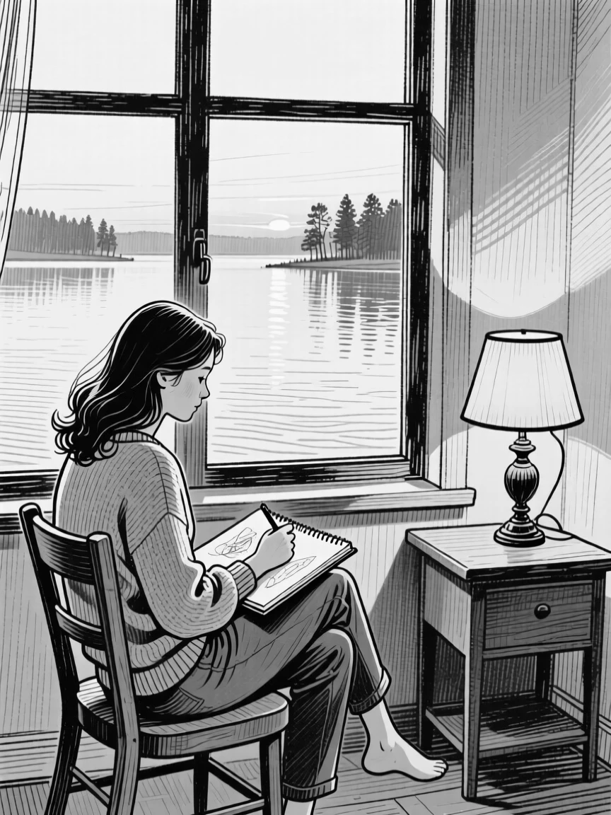 A woman sketching in a notebook by a window beside a tranquil lake at dawn, with the glow of a nearby lamp softening the scene, creating a full of gentle warmth lifestyle scene.