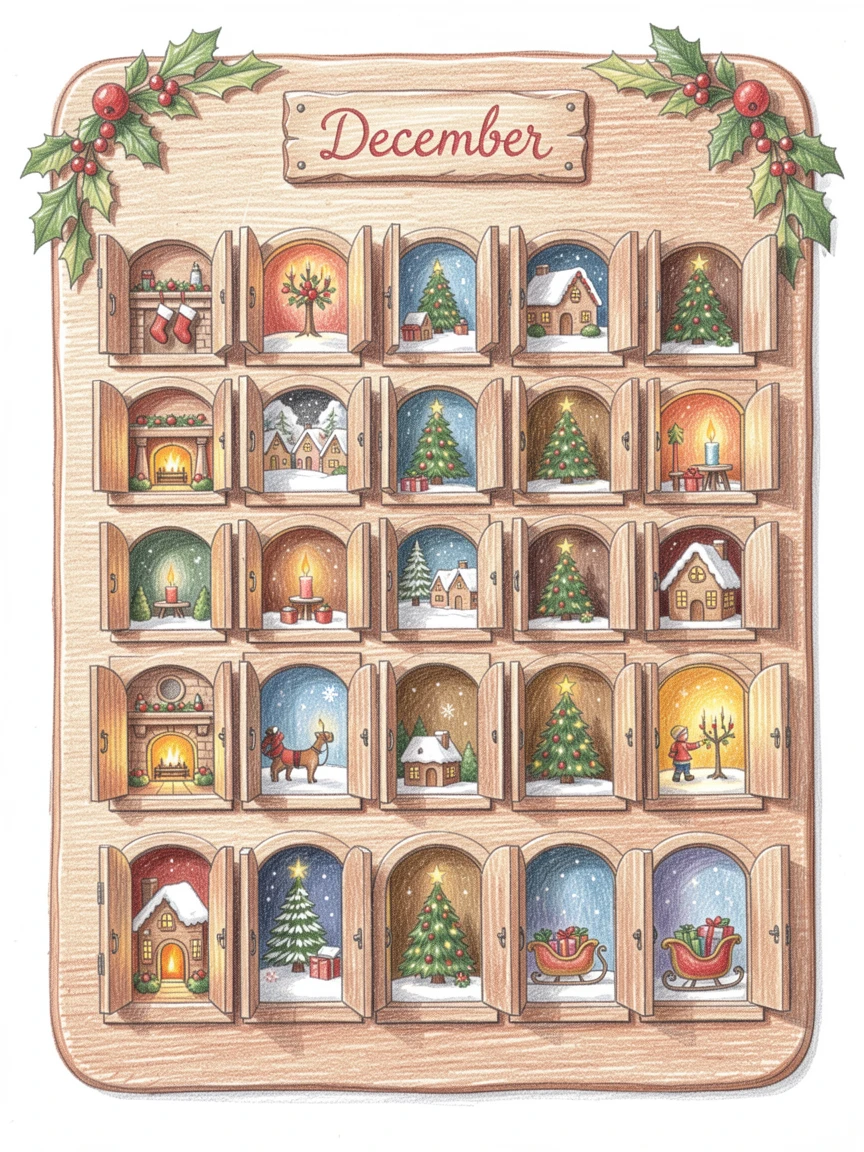 An advent calendar with tiny doors revealing miniature holiday scenes, with a gentle play of light and shadow across the composition, perfect for anyone drawn to gentle, heartfelt imagery.