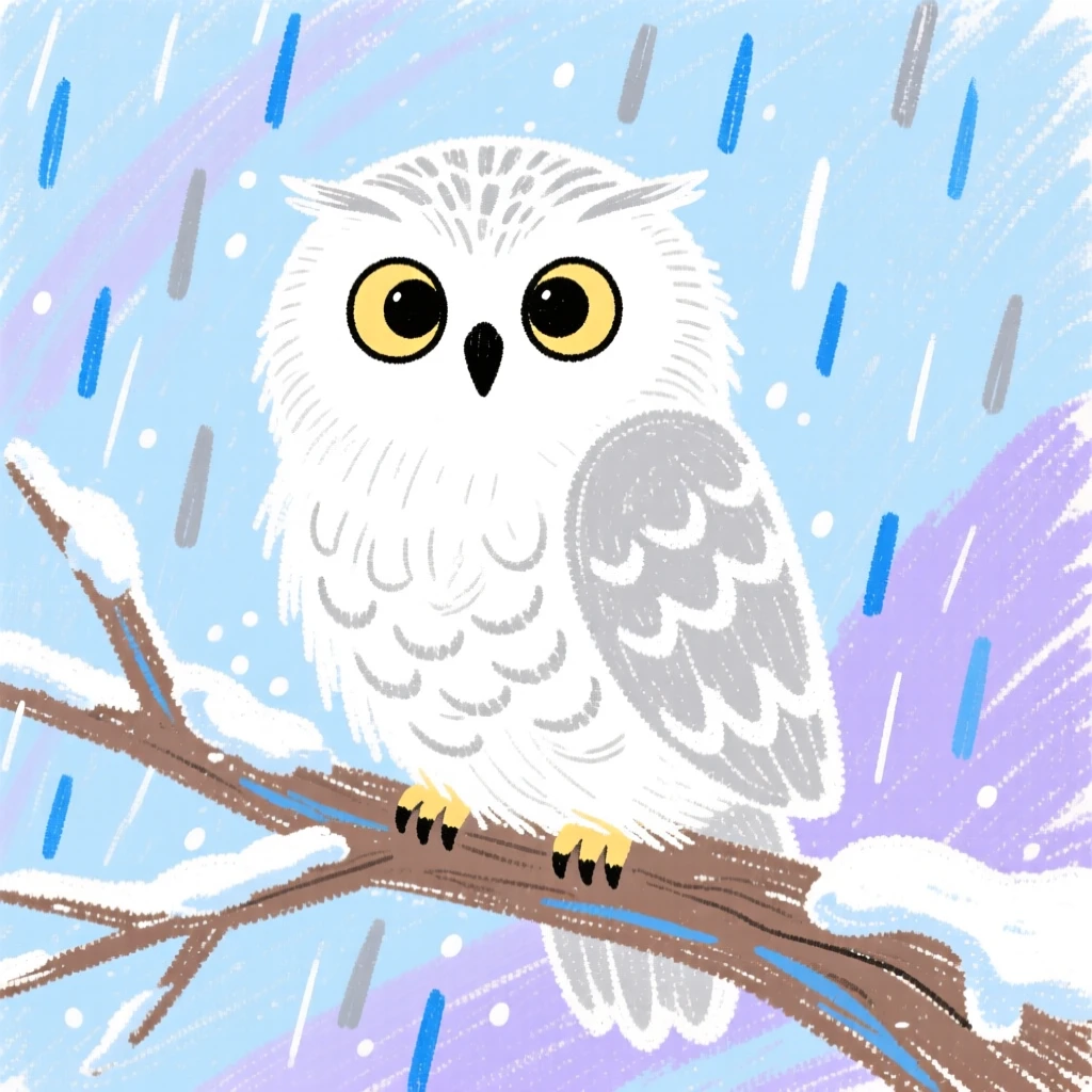 A view of a snowy owl on a frosted branch as gentle rain begins to fall.