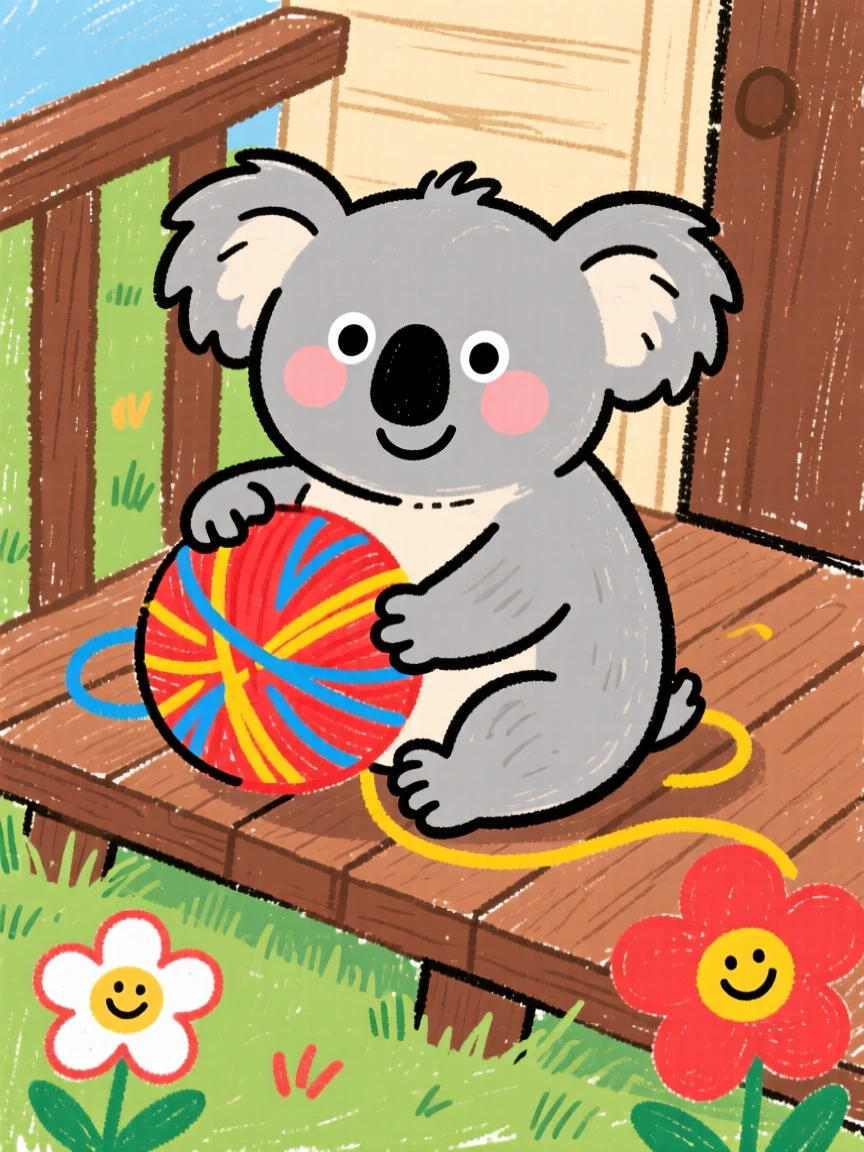 A plump koala joey playing with a ball of yarn on a porch.