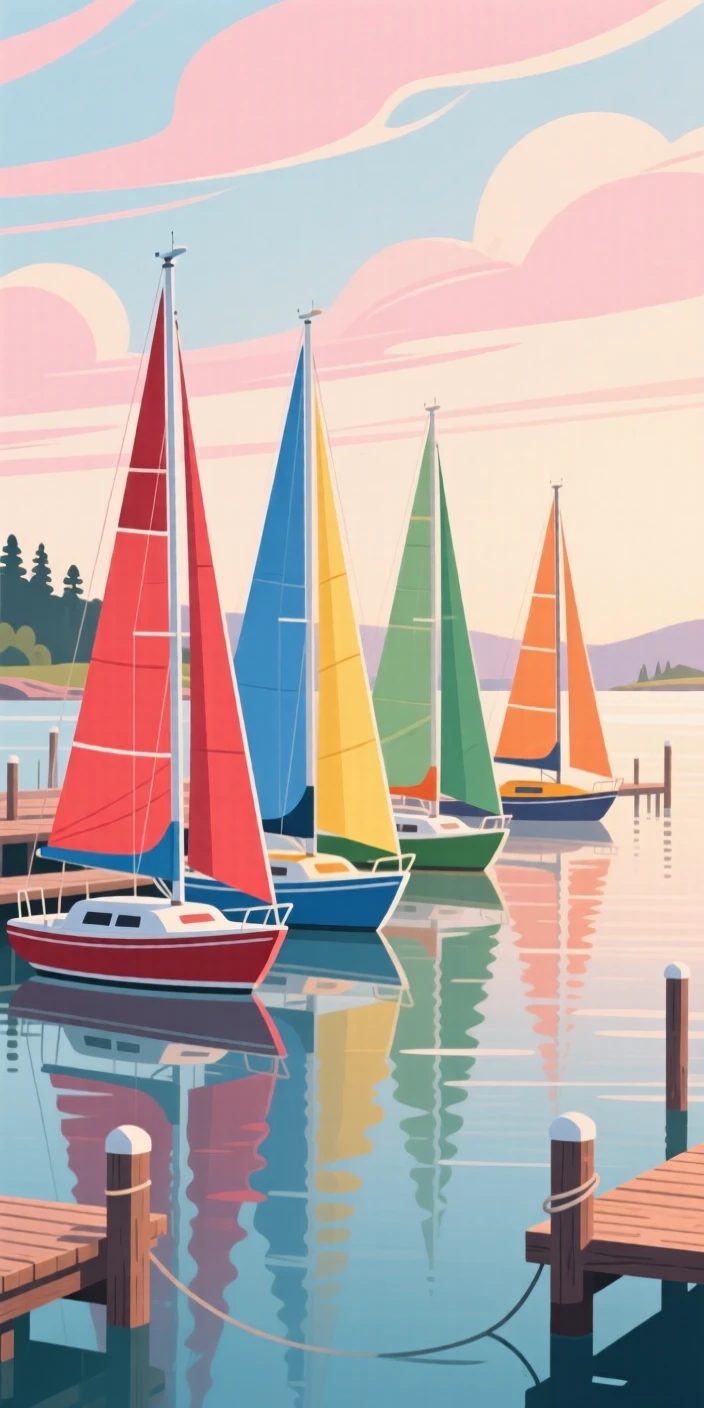 A colorful array of sailboats docked in a quiet harbor, with soft morning light illuminating the scene, composed with a dreamy sense of wanderlust and adventure, with a nostalgic, postcard-like charm.