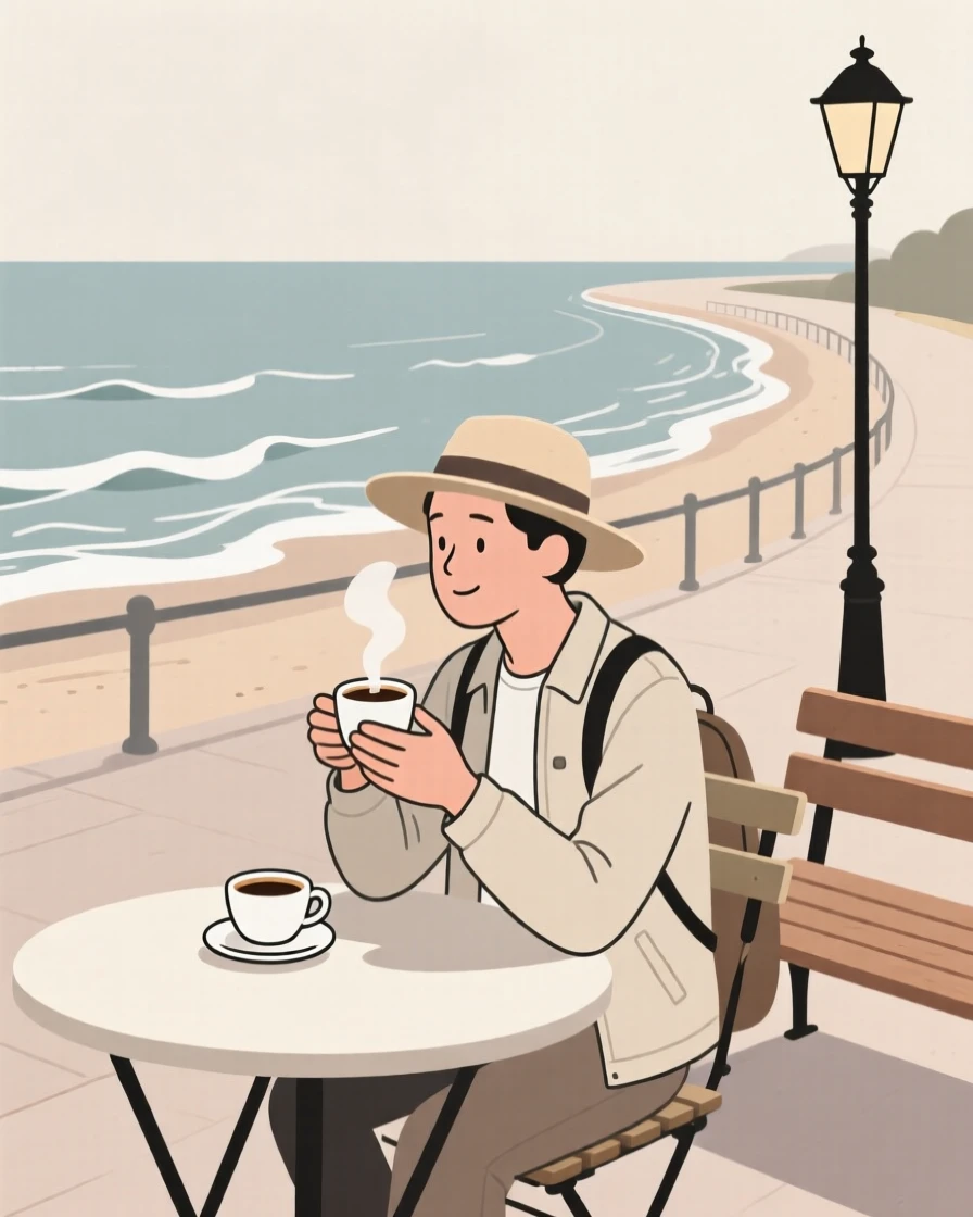 A traveler sipping coffee near a seaside promenade.