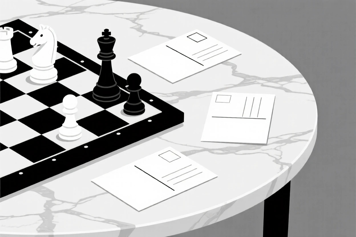 A close-up study of a chess set mid-game placed beside scattered postcards on a marble side table, full of quiet curiosity.