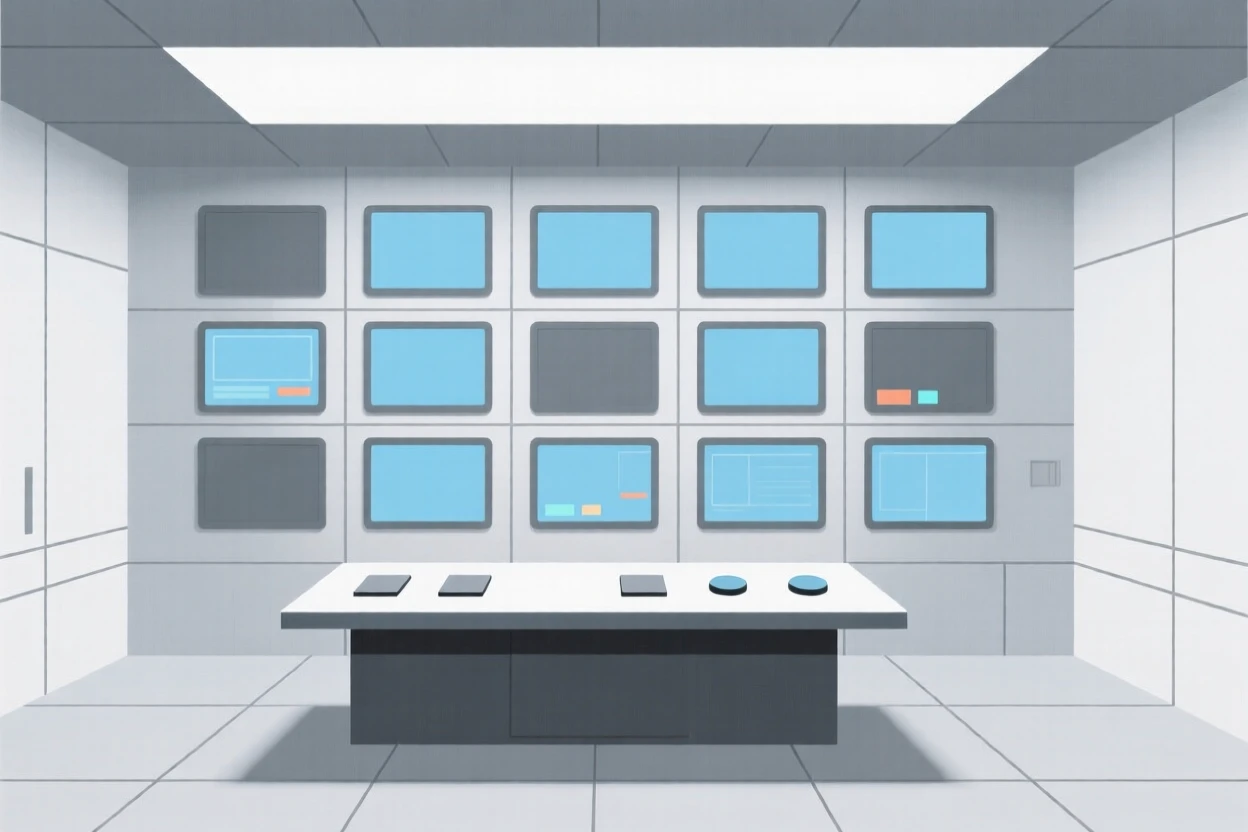A futuristic control room with multiple screens
