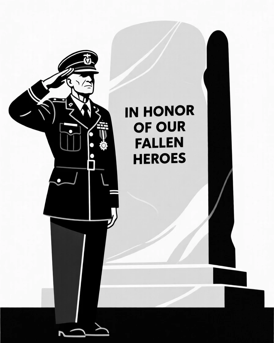 A war veteran saluting at a memorial.