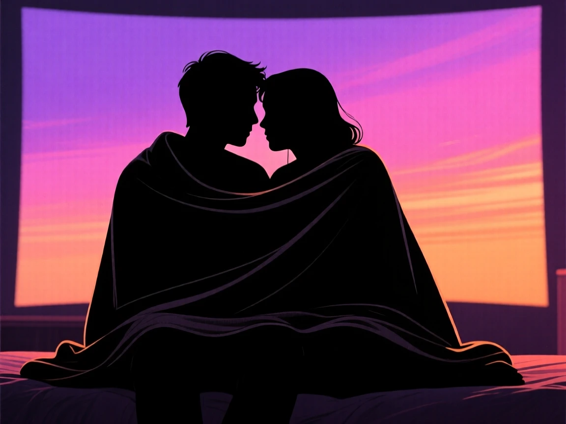 A couple watching a movie together, tangled up under a shared blanket.