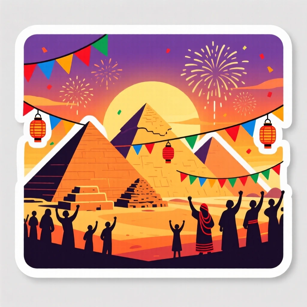 A colorful and lively Egyptian pyramids under a golden sunset, captured during a festive celebration, at the peak of a local festival.