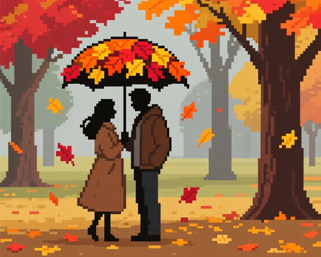 A couple sharing an umbrella piled high with autumn leaves, in a park during peak autumn color.