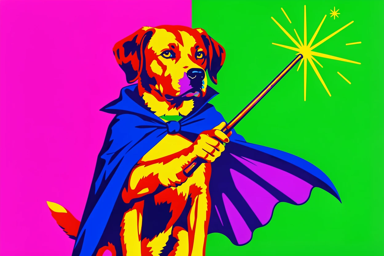 Dog wearing a wizard cape casting a magic trick
