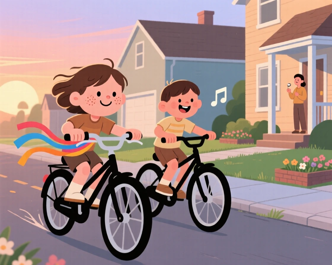A child rides a bicycle with streamers down a quiet suburban street on a warm summer evening, racing a friend to the corner as someone humming a tune drifts from a nearby porch.