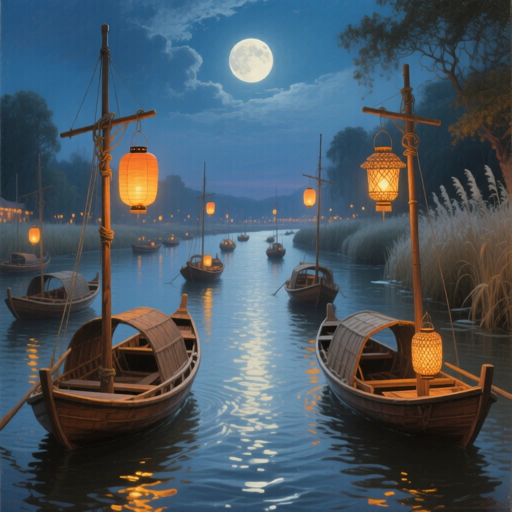 A wide establishing shot of lantern-lit boats drifting down a river during a nighttime festival, in bright warm sunshine, under a full moon.
