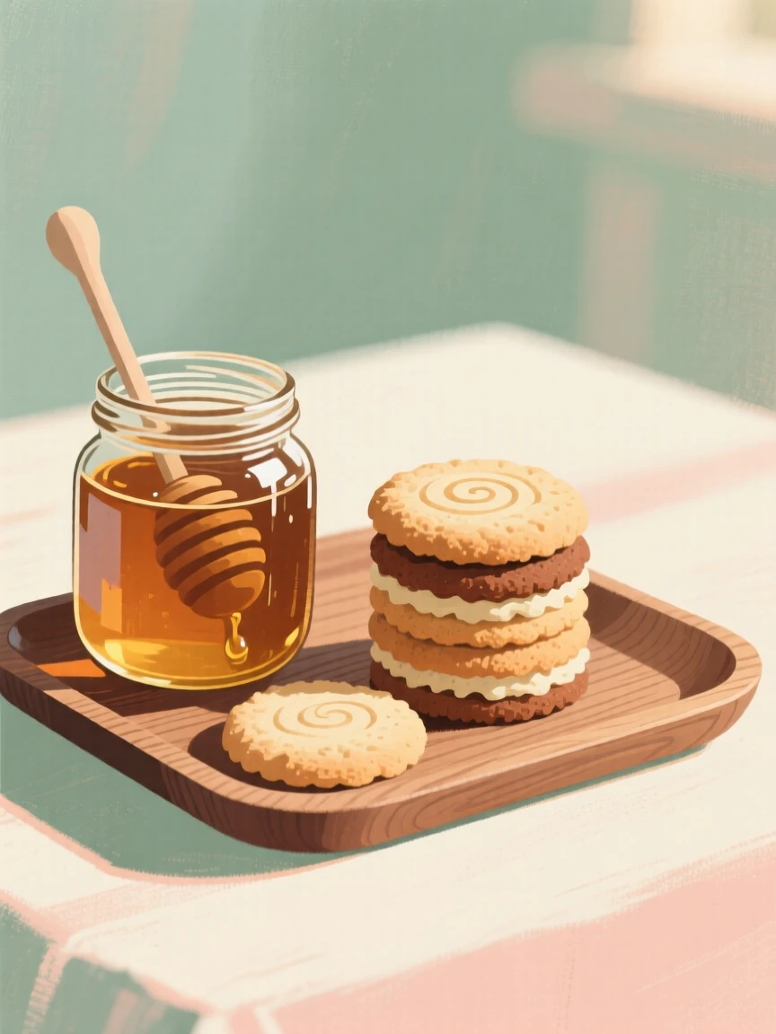 A jar of honey beside a stack of fresh biscuits on a wooden tray