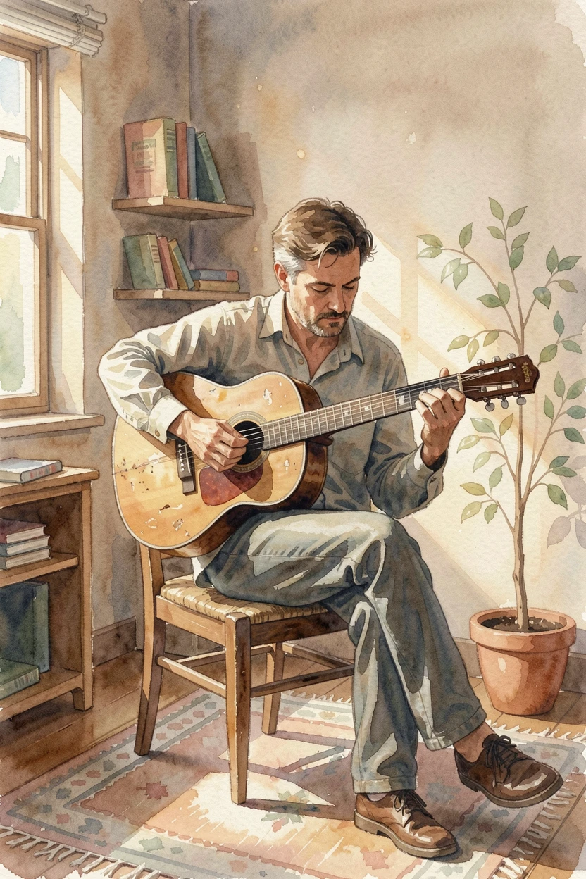 A man tuning an old guitar in his living room surrounded by natural light.